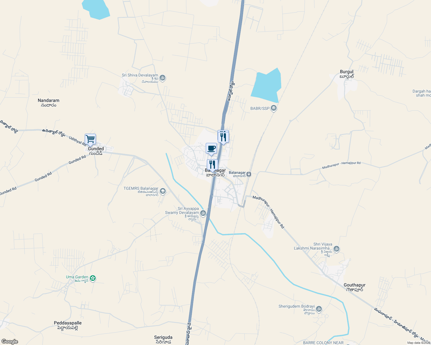 map of restaurants, bars, coffee shops, grocery stores, and more near Srinagar - Kanyakumari Highway in Balanagar