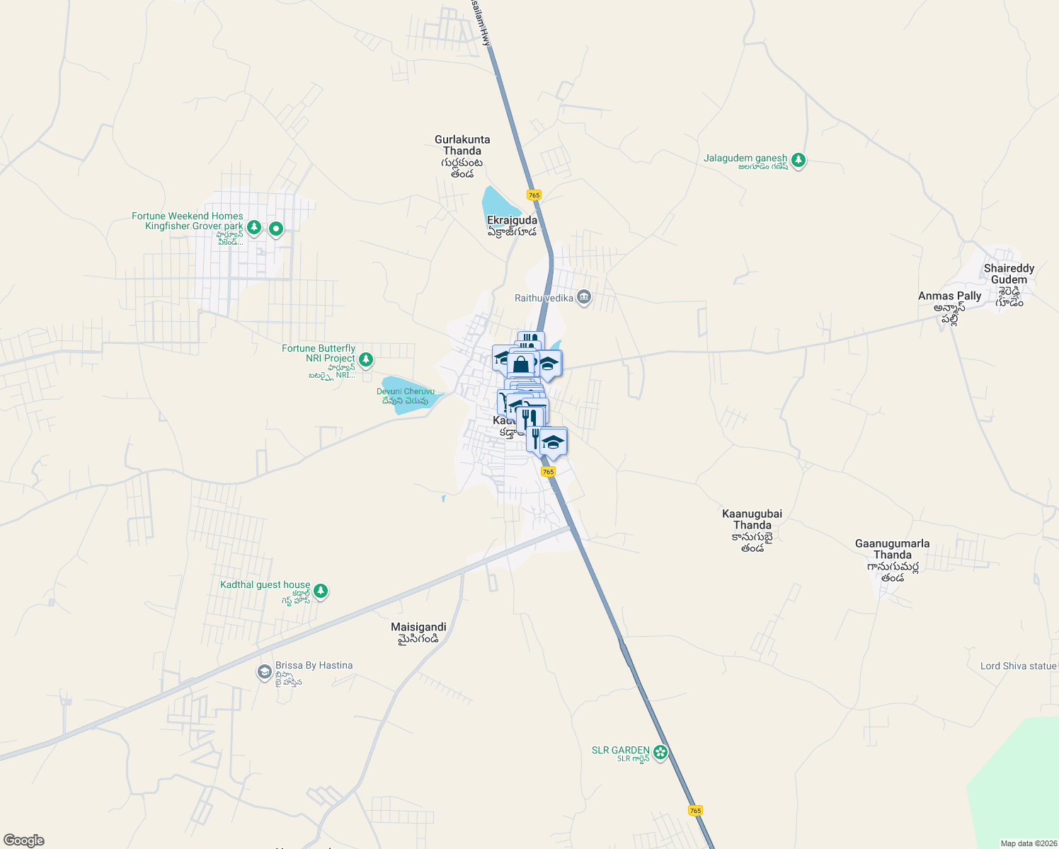 map of restaurants, bars, coffee shops, grocery stores, and more near Srisailam Highway in Kadthal