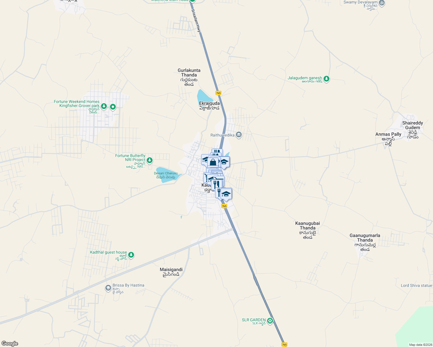 map of restaurants, bars, coffee shops, grocery stores, and more near Srisailam Highway in Kadthal