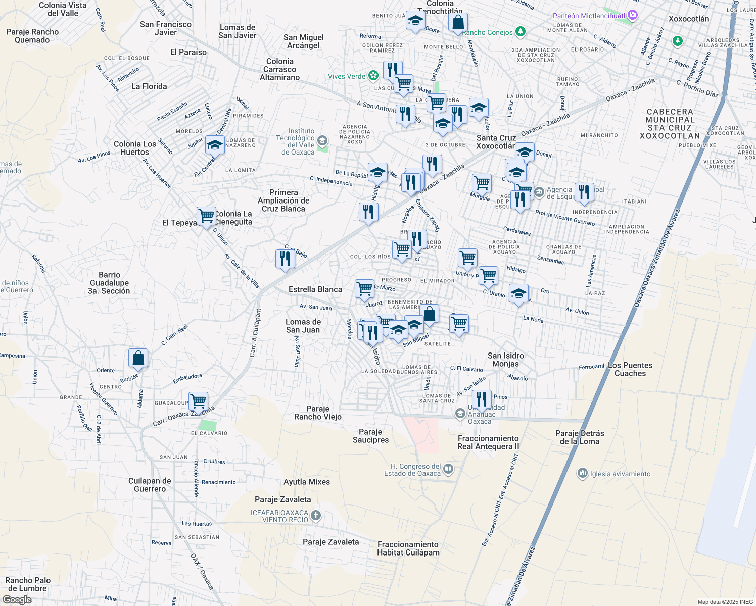 map of restaurants, bars, coffee shops, grocery stores, and more near Juárez in Santa Cruz Xoxocotlán