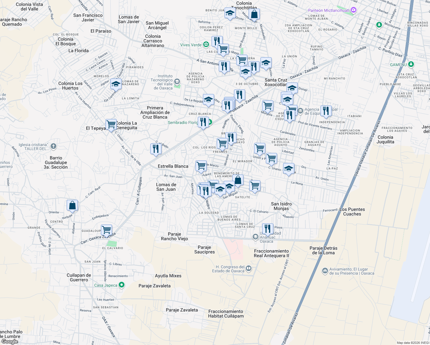 map of restaurants, bars, coffee shops, grocery stores, and more near Juárez in Santa Cruz Xoxocotlán