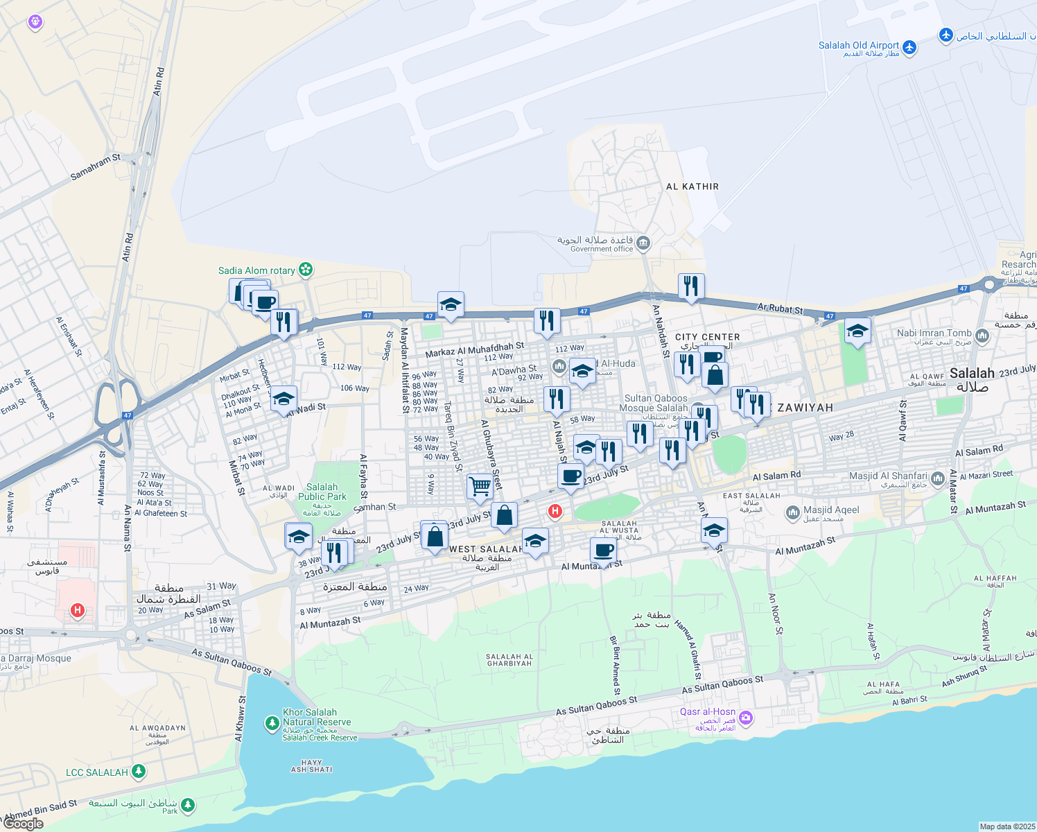 map of restaurants, bars, coffee shops, grocery stores, and more near Salalah Al Jadidah Street in Salalah