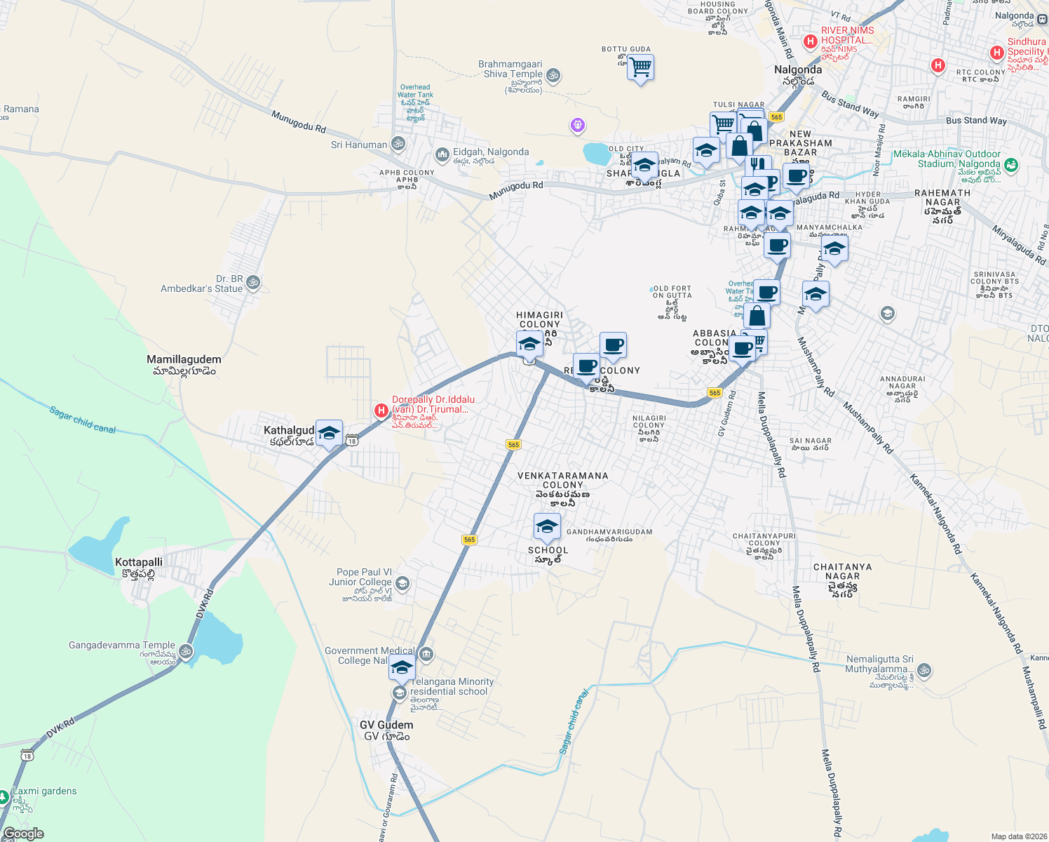 map of restaurants, bars, coffee shops, grocery stores, and more near in Nalgonda