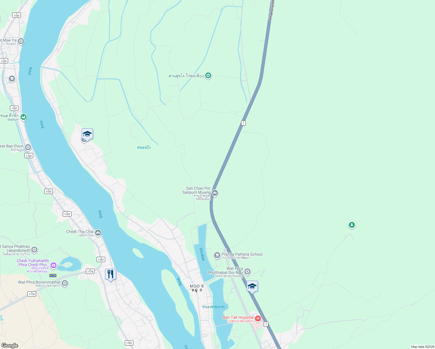 map of restaurants, bars, coffee shops, grocery stores, and more near Phahon Yothin Rd in Ban Tak