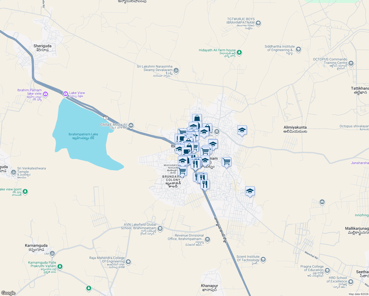 map of restaurants, bars, coffee shops, grocery stores, and more near in Ibrahimpatnam