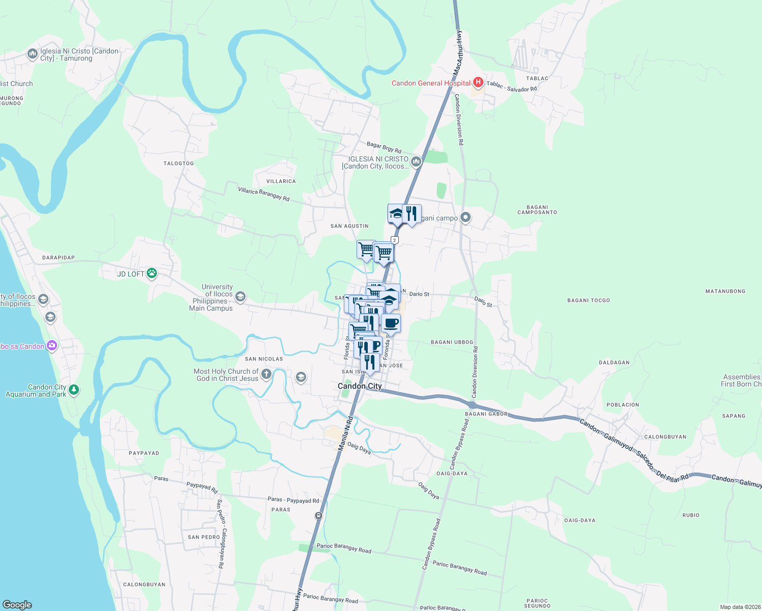map of restaurants, bars, coffee shops, grocery stores, and more near Mc Arthur Highway in Candon City