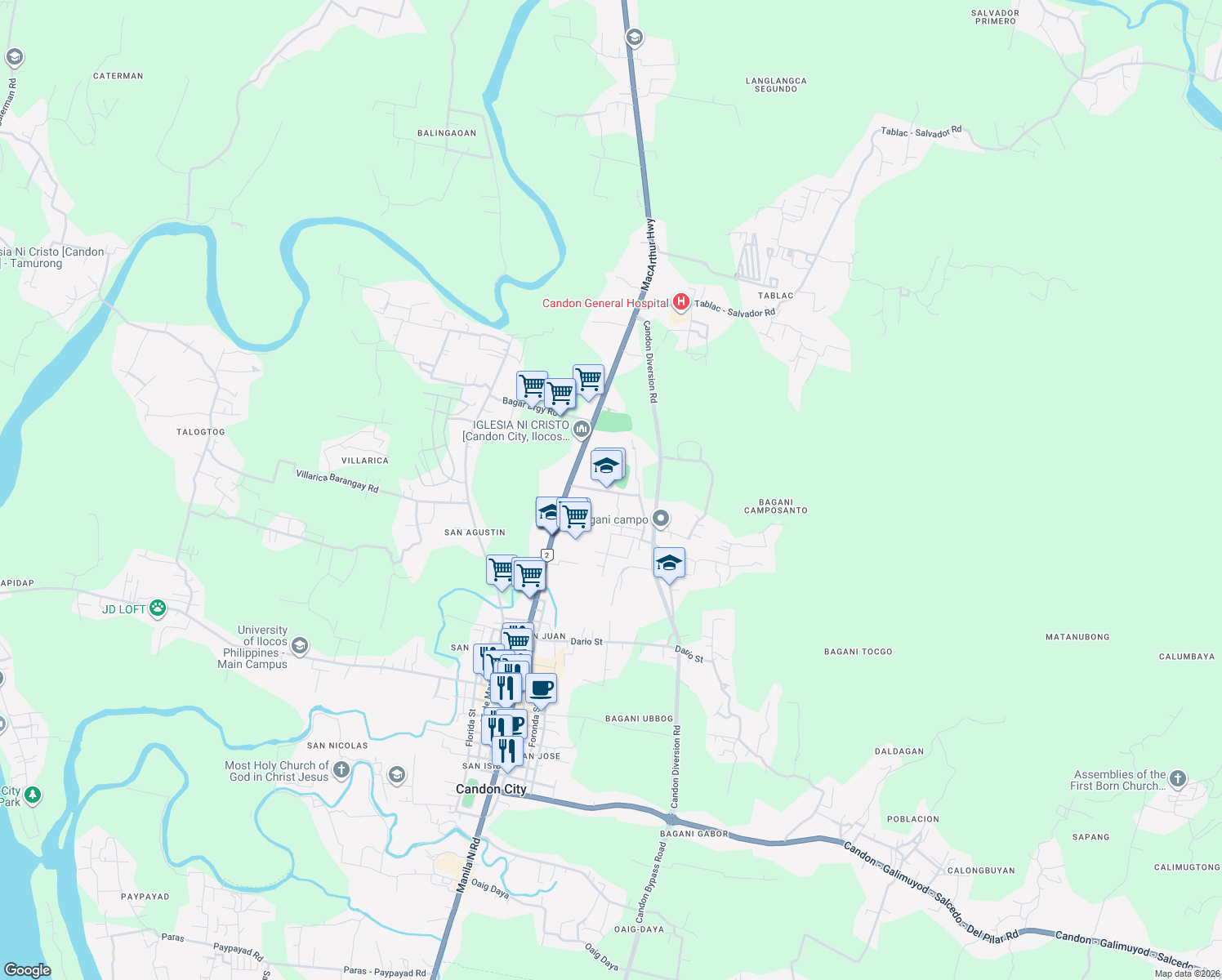map of restaurants, bars, coffee shops, grocery stores, and more near Bagani Campo Brgy Road in Candon City