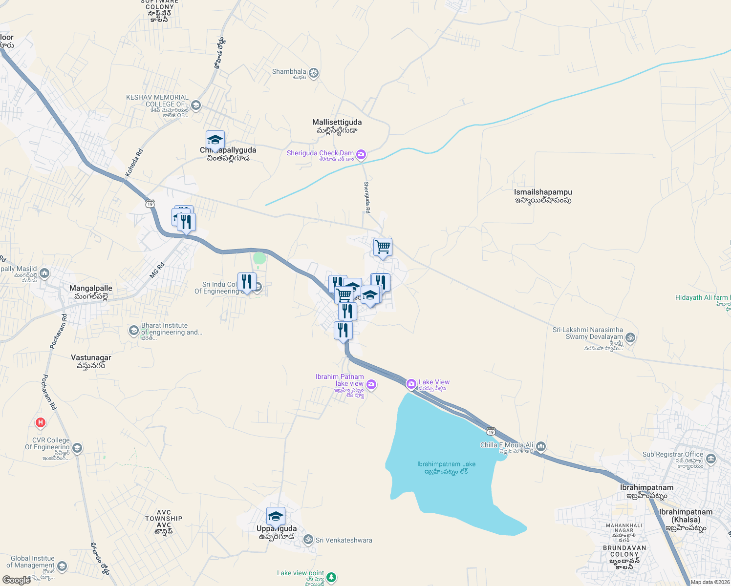 map of restaurants, bars, coffee shops, grocery stores, and more near in Sheriguda