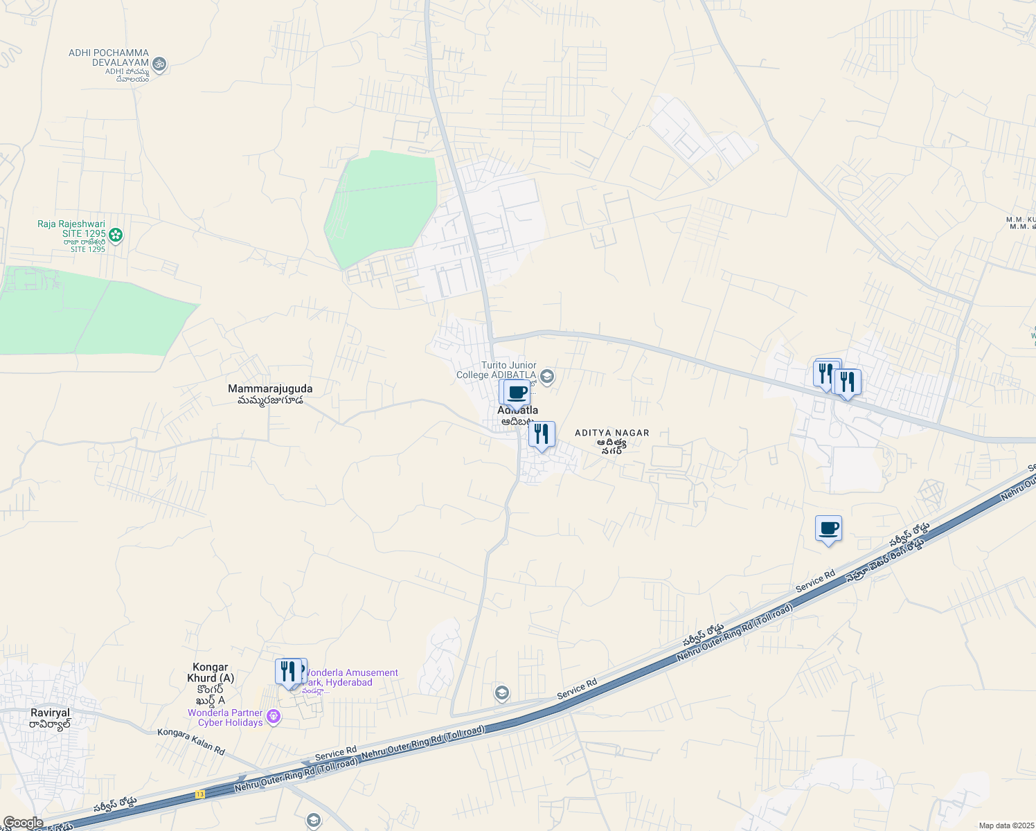 map of restaurants, bars, coffee shops, grocery stores, and more near in Adibatla