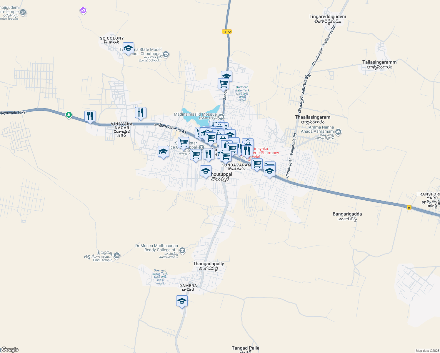 map of restaurants, bars, coffee shops, grocery stores, and more near in Choutuppal