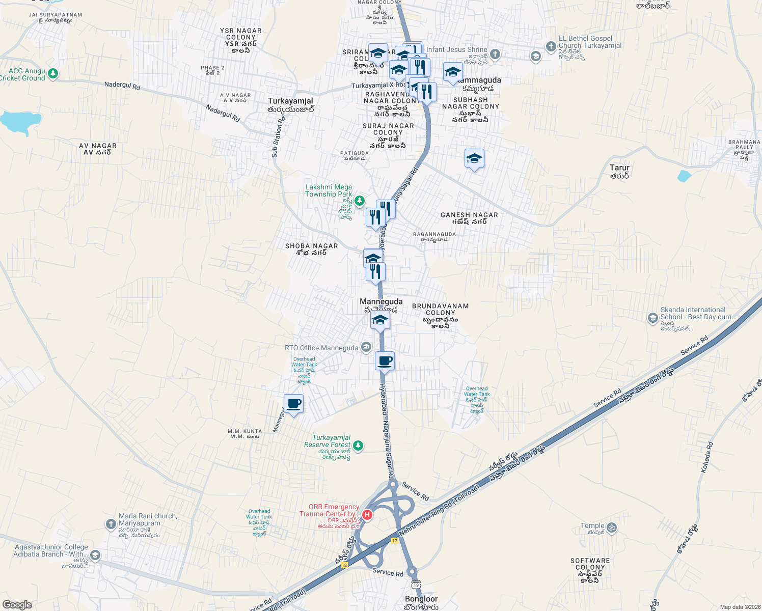 map of restaurants, bars, coffee shops, grocery stores, and more near in Manneguda