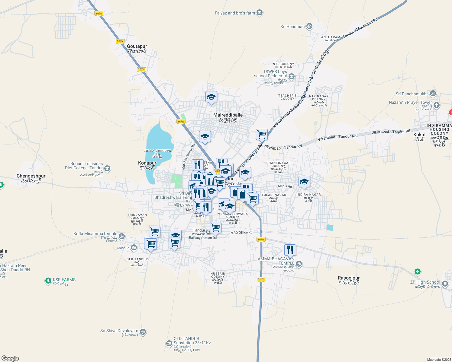 map of restaurants, bars, coffee shops, grocery stores, and more near in Tandur