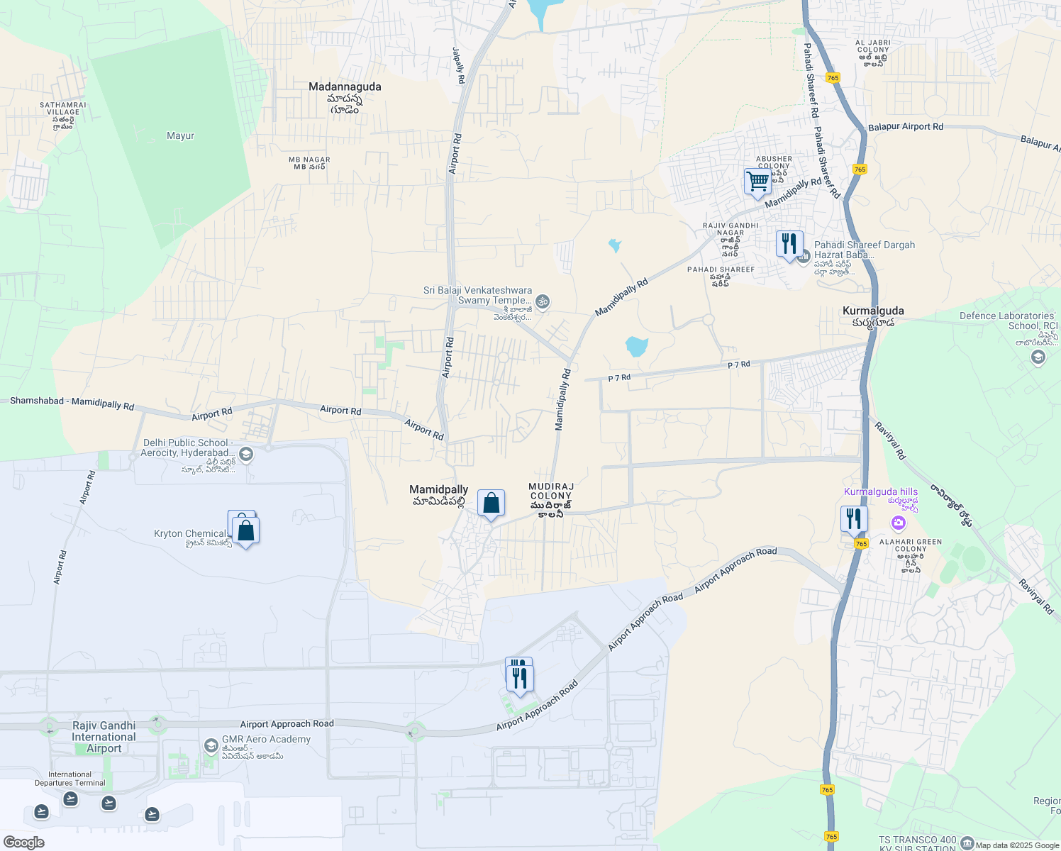 map of restaurants, bars, coffee shops, grocery stores, and more near Shamshabad - Mamidipally Road in Hyderabad