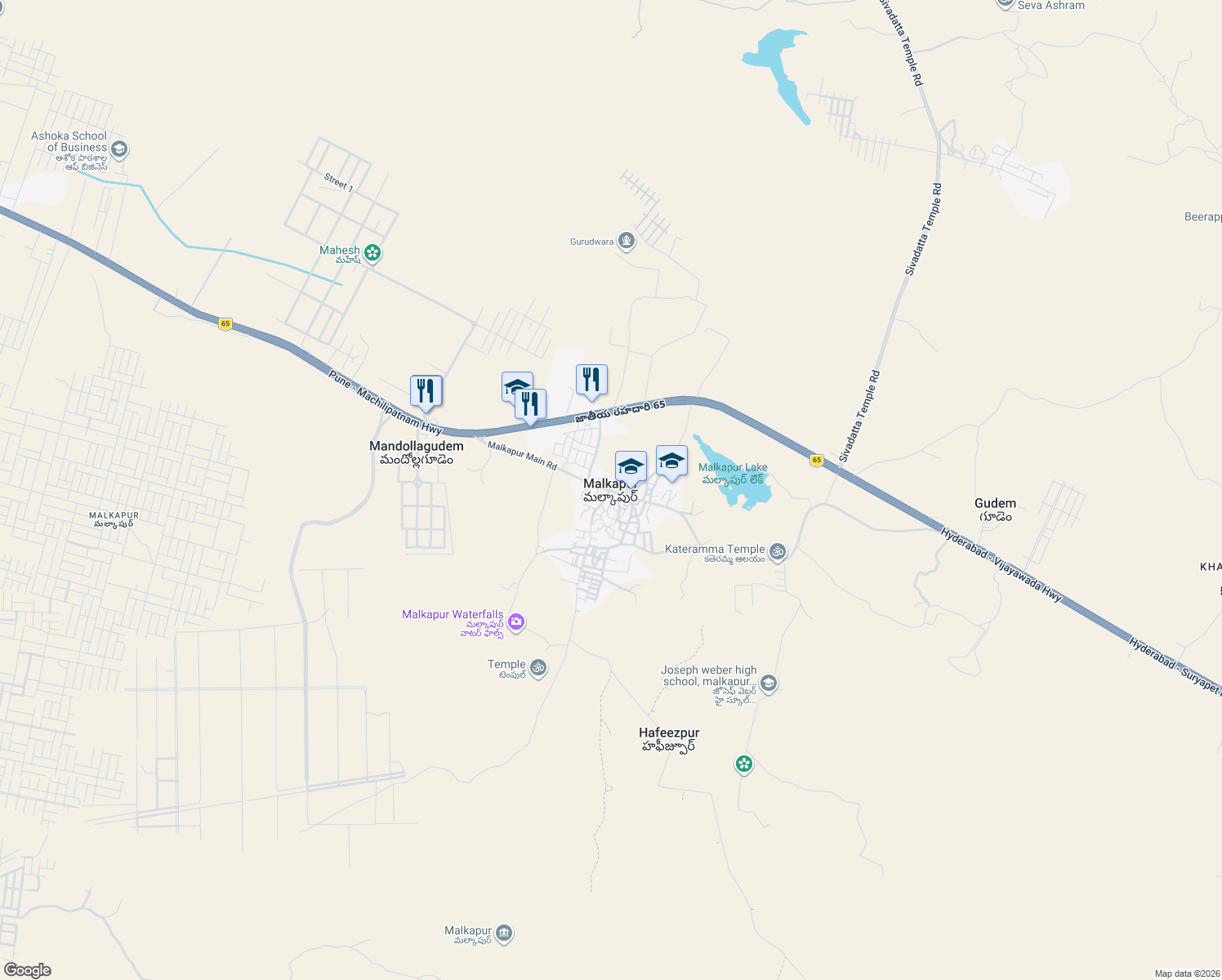 map of restaurants, bars, coffee shops, grocery stores, and more near in Malkapur