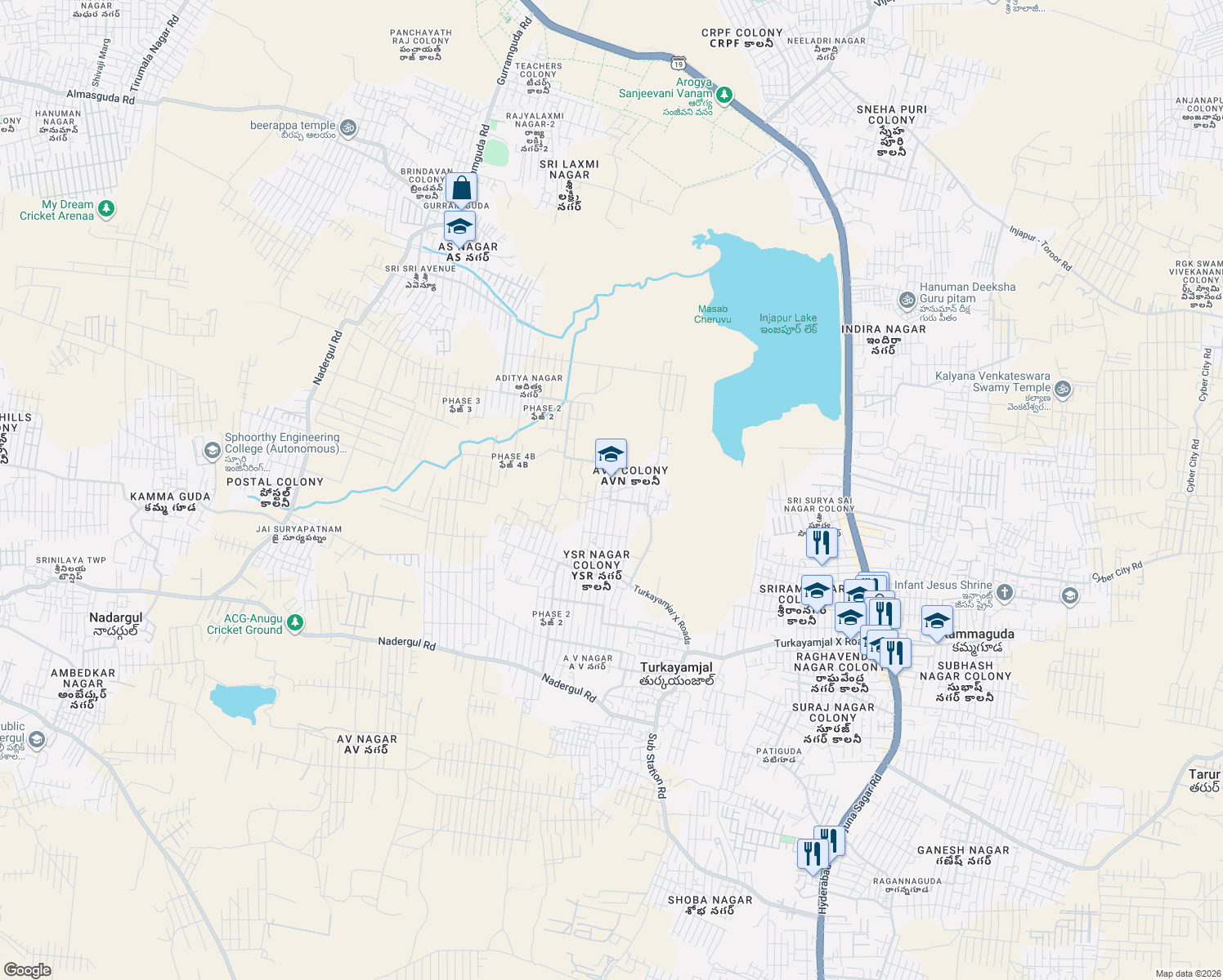 map of restaurants, bars, coffee shops, grocery stores, and more near Turka Yamjal Road in Hyderabad