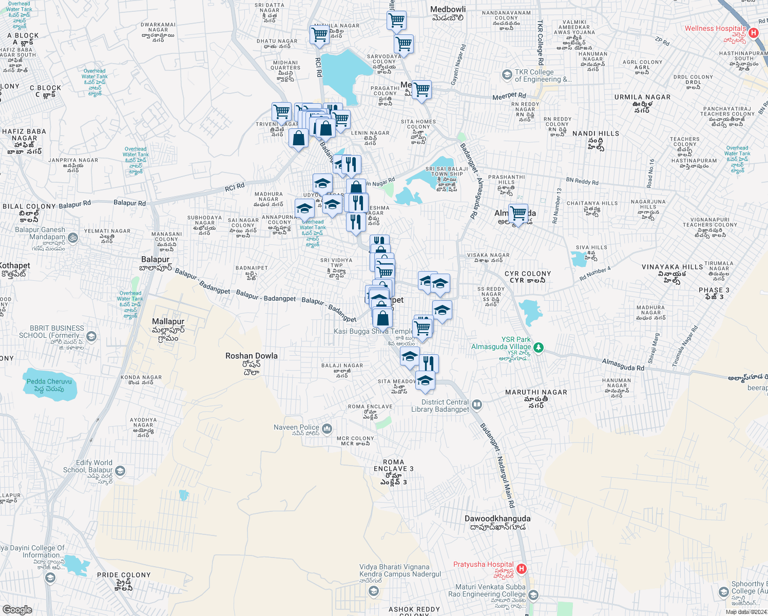 map of restaurants, bars, coffee shops, grocery stores, and more near in Badangpet