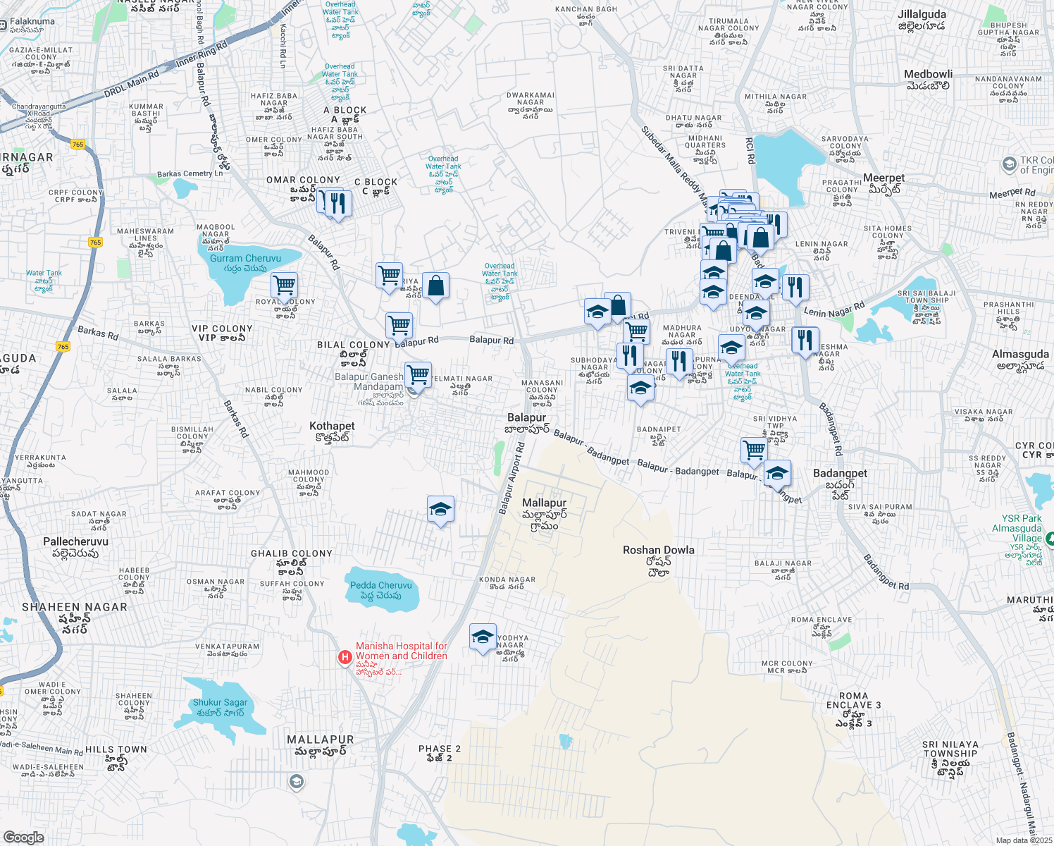 map of restaurants, bars, coffee shops, grocery stores, and more near in Balapur