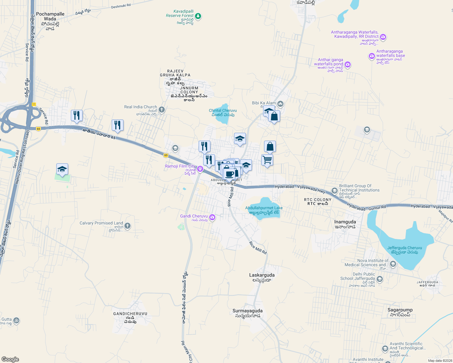 map of restaurants, bars, coffee shops, grocery stores, and more near in Hyderabad