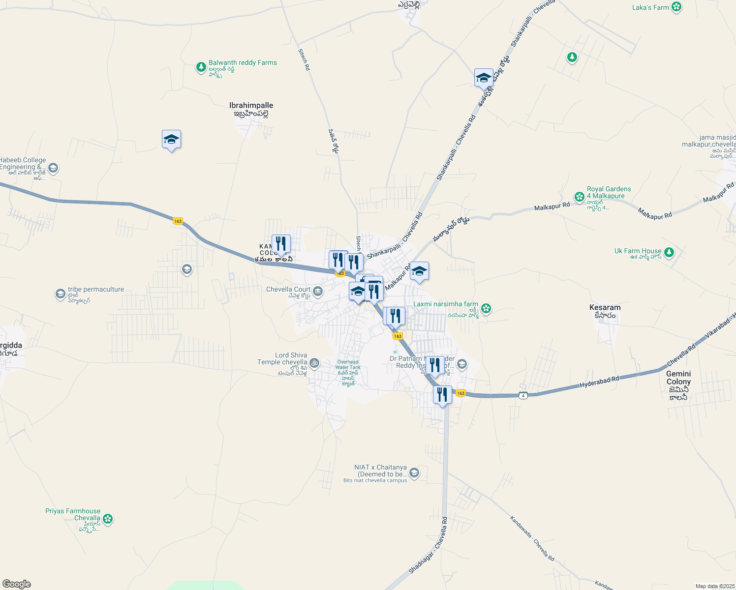 map of restaurants, bars, coffee shops, grocery stores, and more near in Chevella