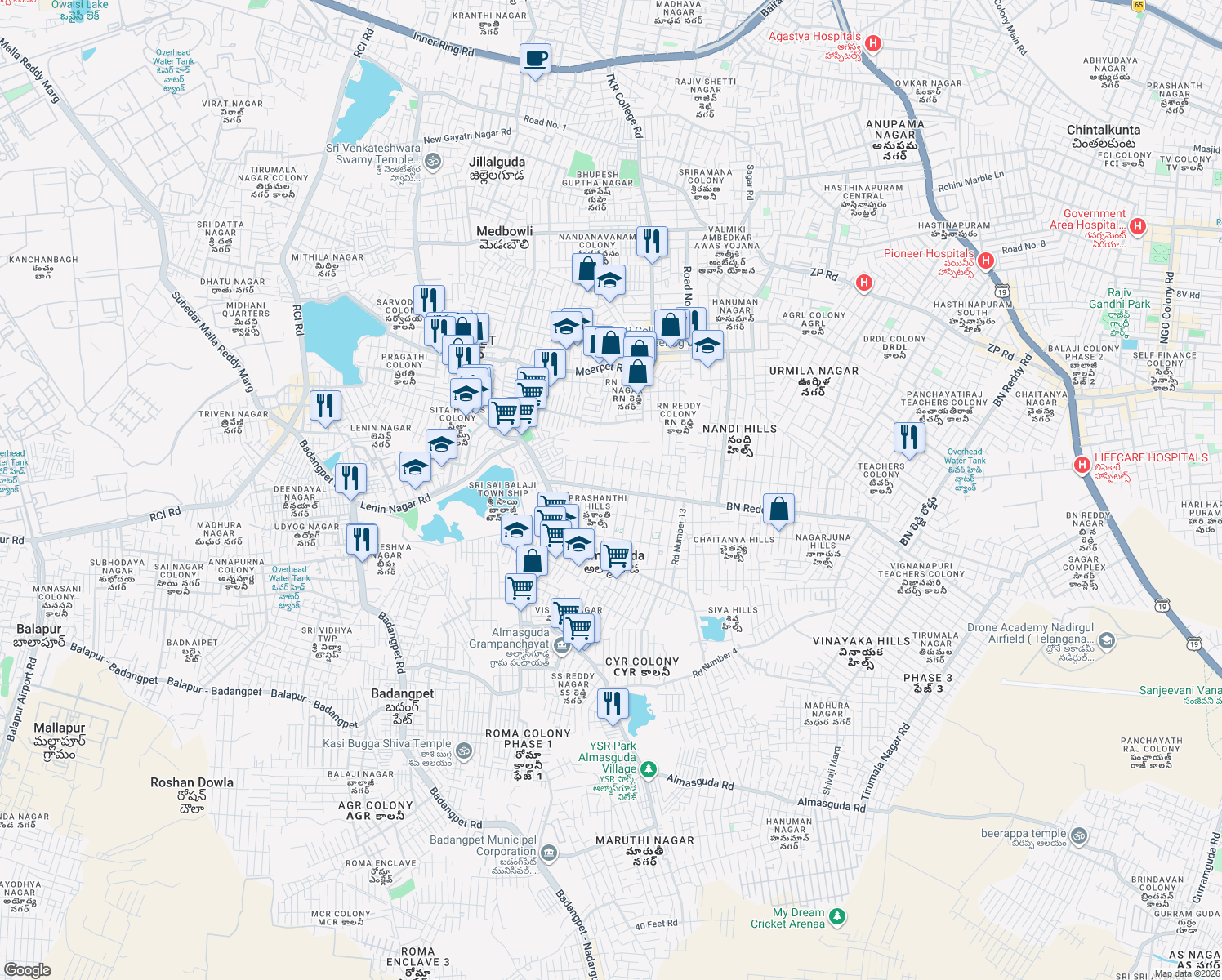 map of restaurants, bars, coffee shops, grocery stores, and more near Road Number 7 in Hyderabad