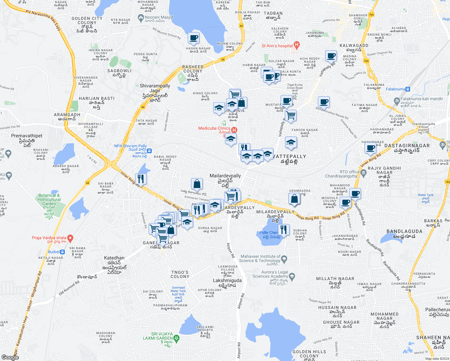 map of restaurants, bars, coffee shops, grocery stores, and more near in Mailardevpally