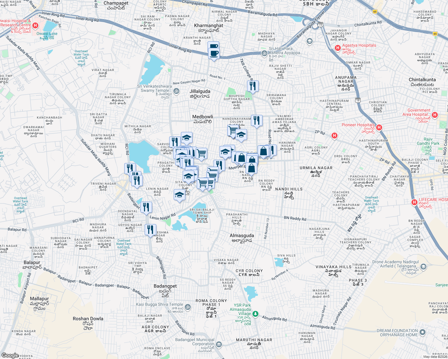 map of restaurants, bars, coffee shops, grocery stores, and more near in Meerpet