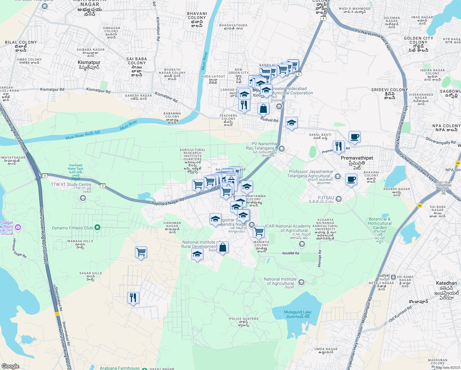 map of restaurants, bars, coffee shops, grocery stores, and more near in Hyderabad