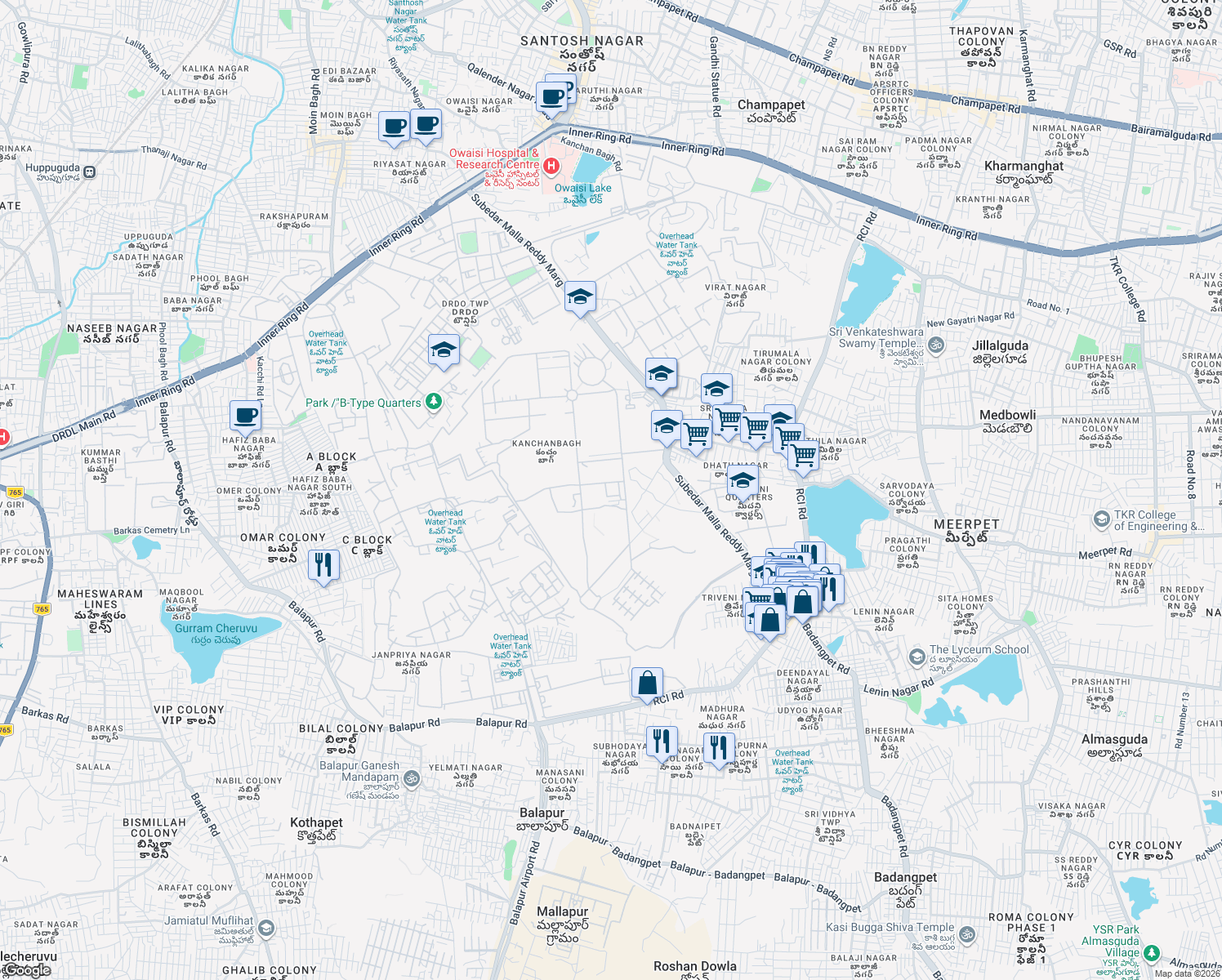 map of restaurants, bars, coffee shops, grocery stores, and more near Unnamed Road in Hyderabad