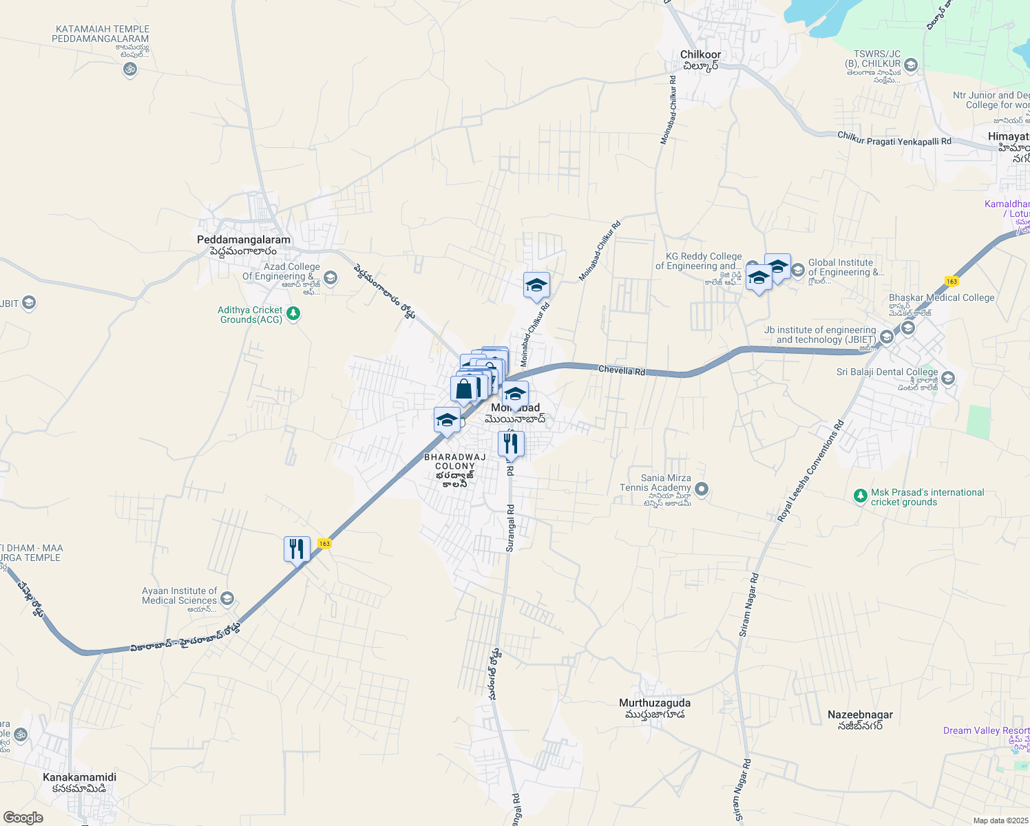 map of restaurants, bars, coffee shops, grocery stores, and more near Chevella Road in Moinabad