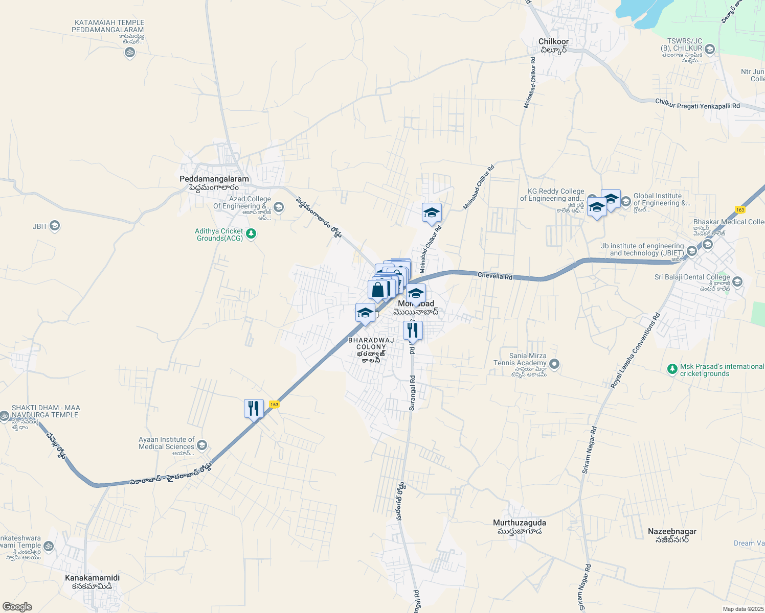 map of restaurants, bars, coffee shops, grocery stores, and more near Chevella Road in Moinabad