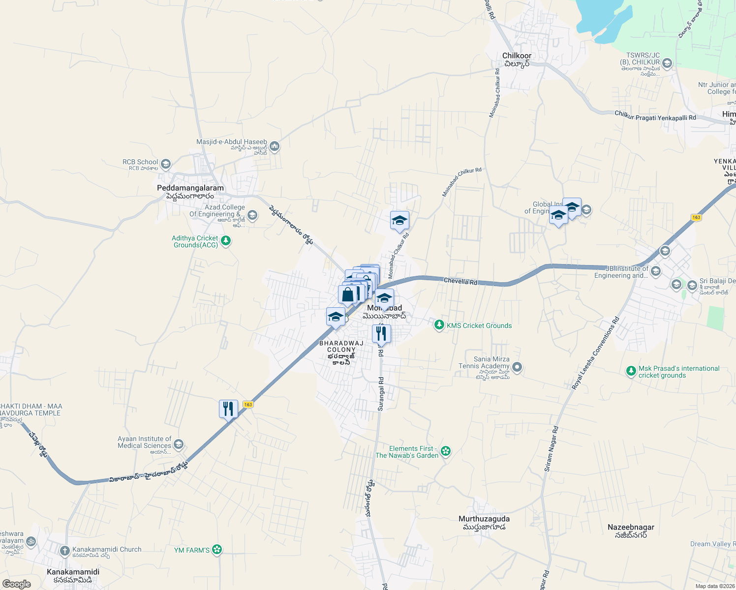 map of restaurants, bars, coffee shops, grocery stores, and more near Chevella Road in Moinabad