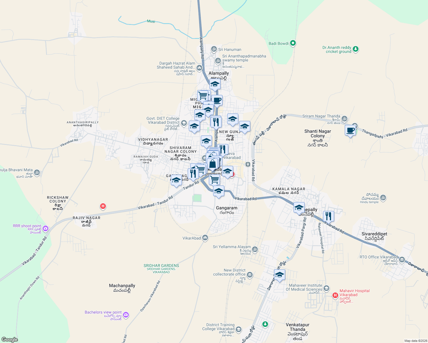 map of restaurants, bars, coffee shops, grocery stores, and more near in Vikarabad
