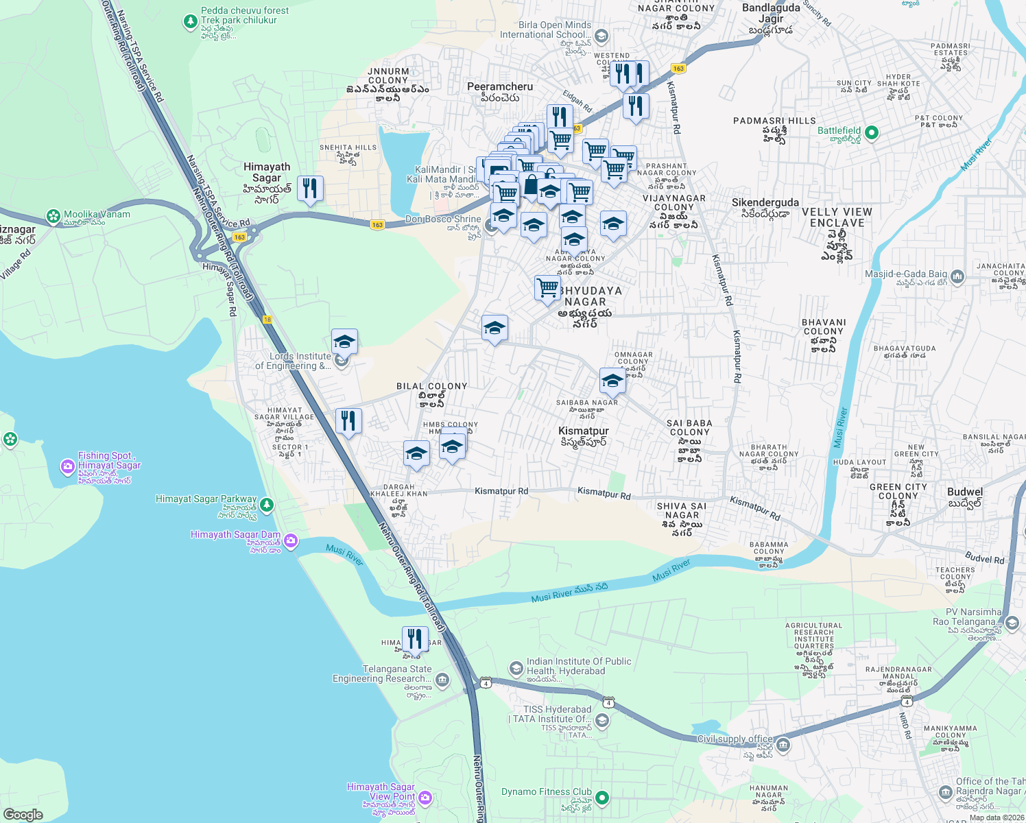 map of restaurants, bars, coffee shops, grocery stores, and more near in Hyderabad