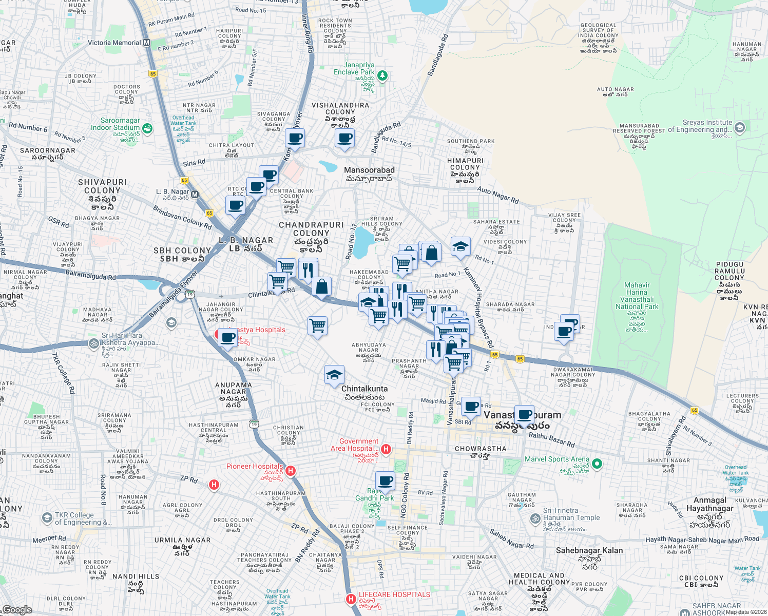 map of restaurants, bars, coffee shops, grocery stores, and more near National Highway 9 in Hyderabad