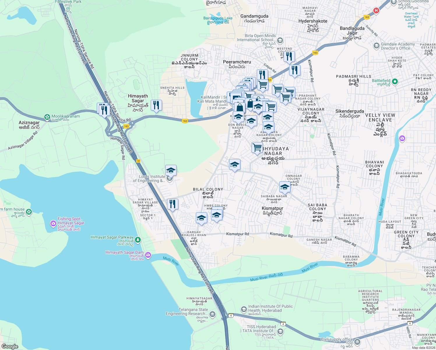 map of restaurants, bars, coffee shops, grocery stores, and more near Kismatpur Road in Hyderabad