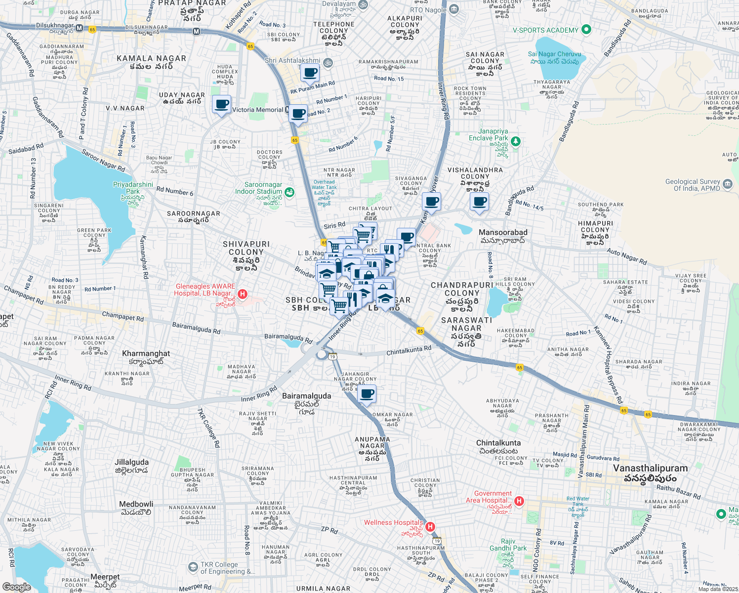 map of restaurants, bars, coffee shops, grocery stores, and more near LB Nagar Circle in Hyderabad