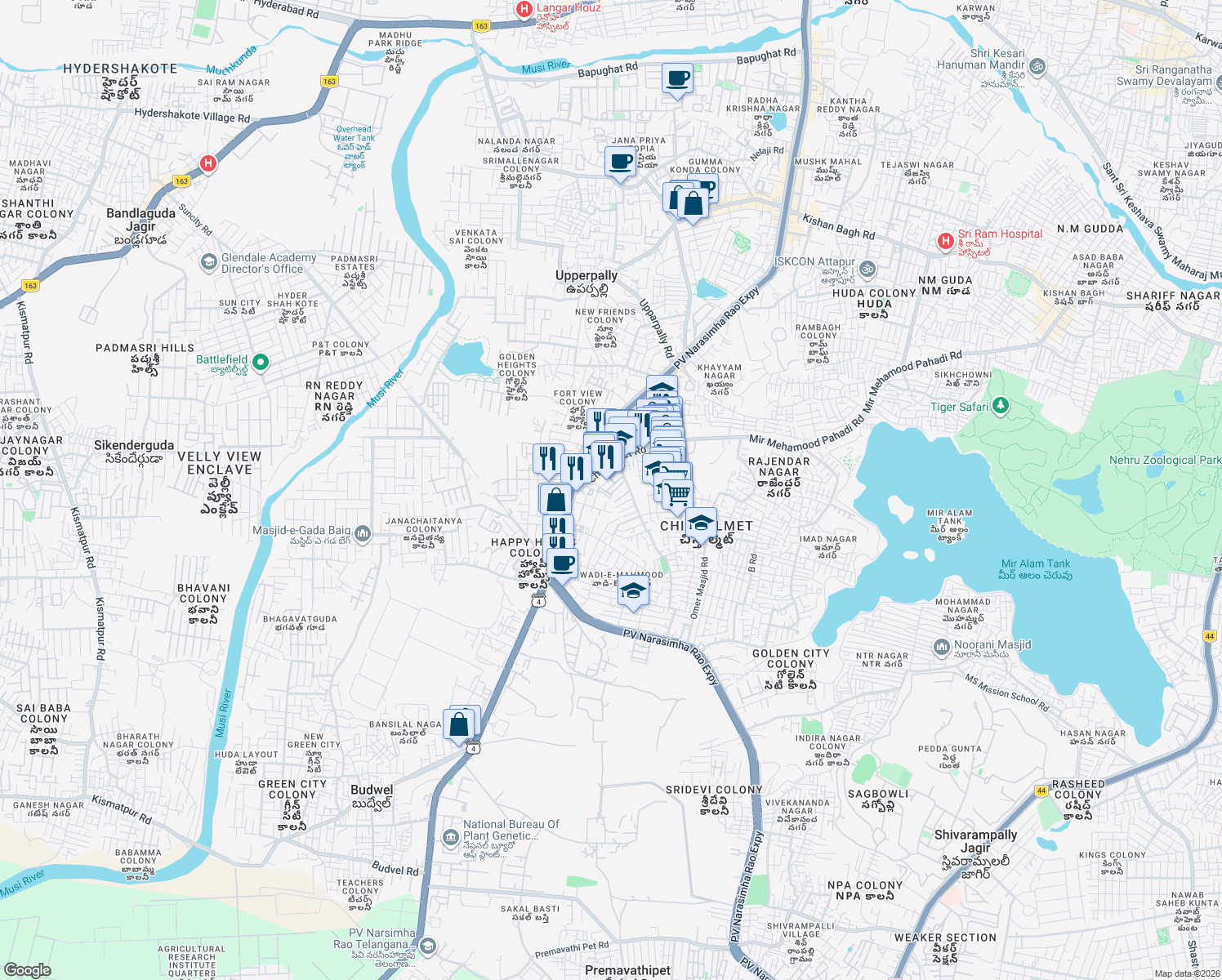 map of restaurants, bars, coffee shops, grocery stores, and more near Mehamood Pahadi Sherif Road in Hyderabad