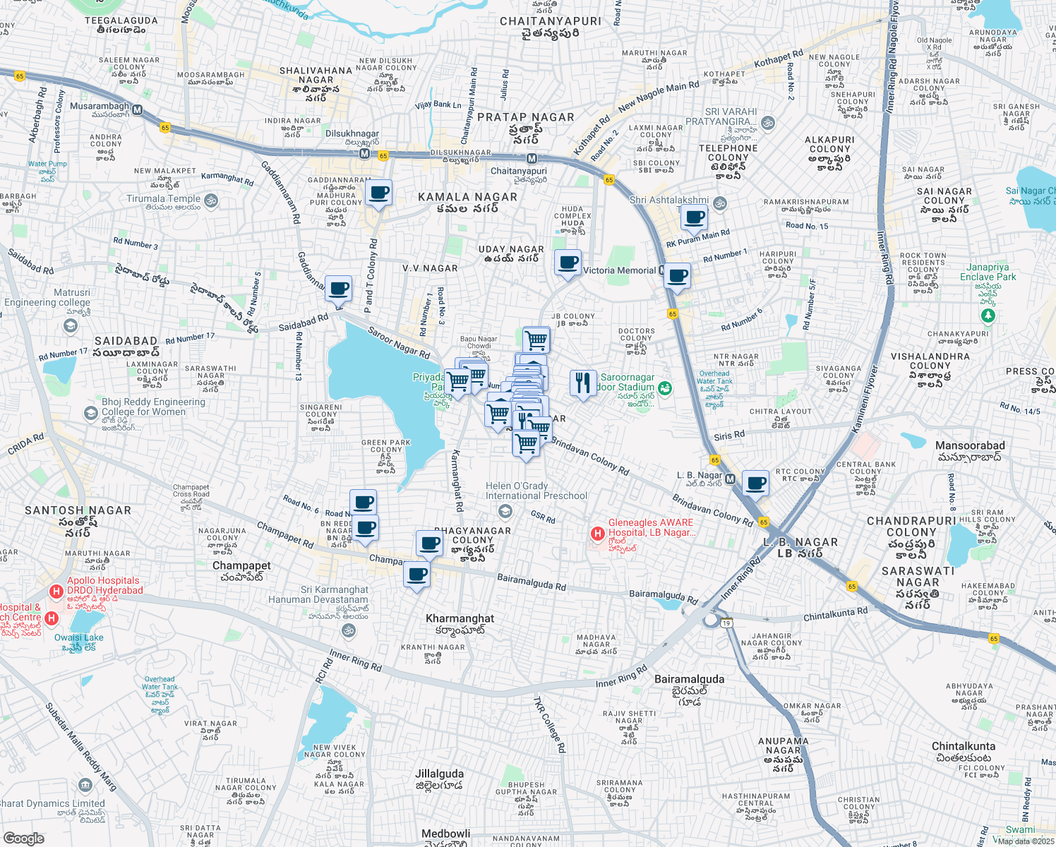 map of restaurants, bars, coffee shops, grocery stores, and more near in Hyderabad
