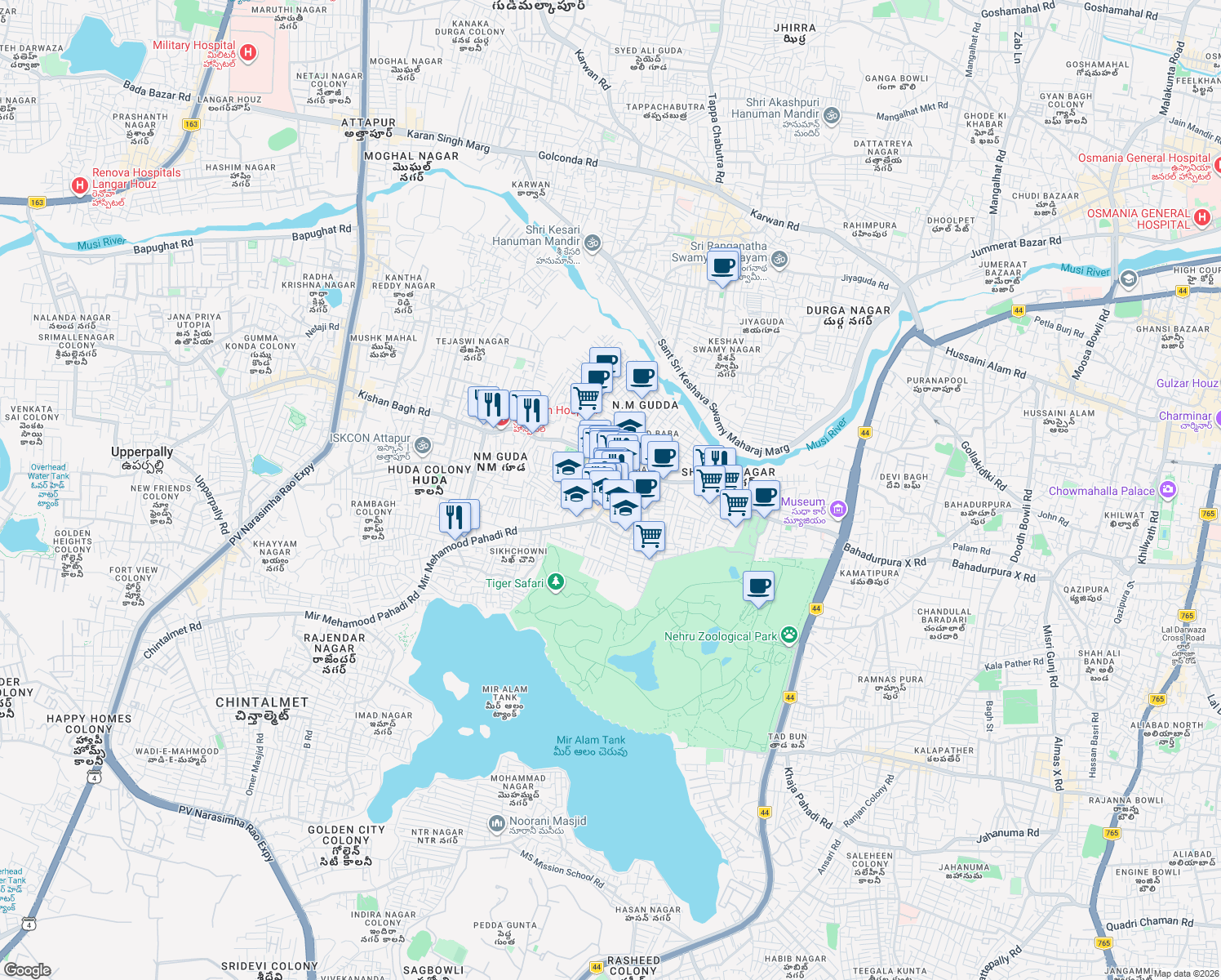 map of restaurants, bars, coffee shops, grocery stores, and more near Mehamood Pahadi Sherif Road in Hyderabad