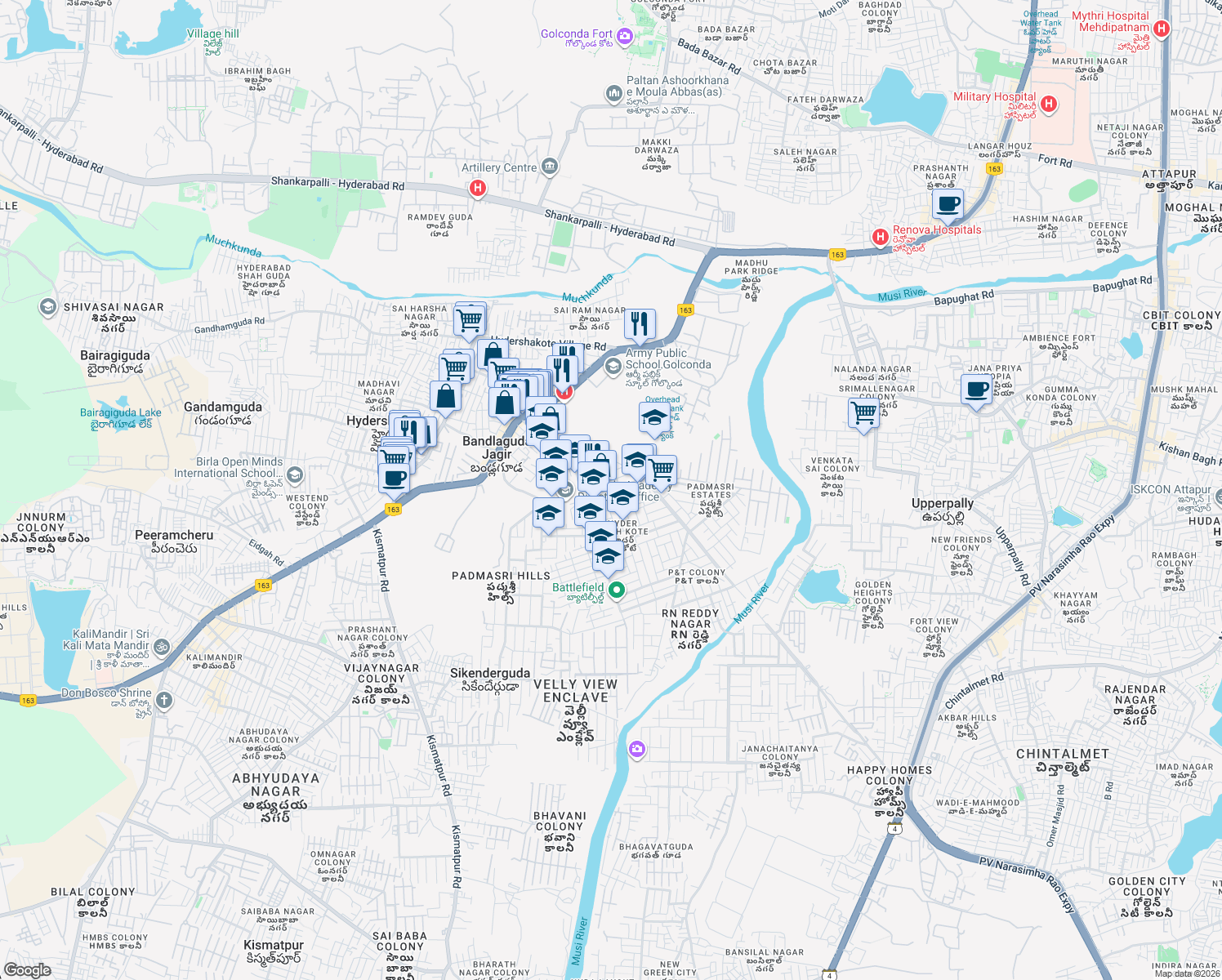 map of restaurants, bars, coffee shops, grocery stores, and more near in Hyderabad