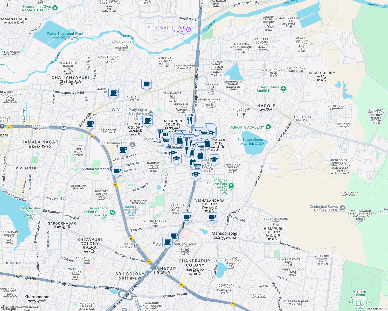 map of restaurants, bars, coffee shops, grocery stores, and more near Road Number 2 in Hyderabad