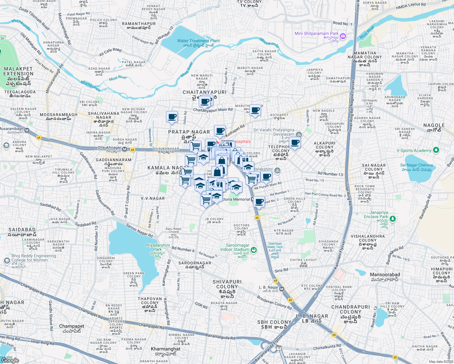 map of restaurants, bars, coffee shops, grocery stores, and more near Road Number 7 in Hyderabad