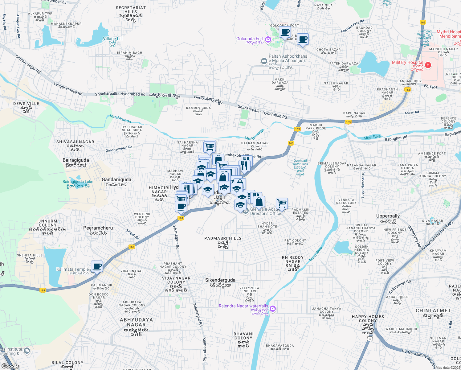map of restaurants, bars, coffee shops, grocery stores, and more near Chevella Road in Hyderabad