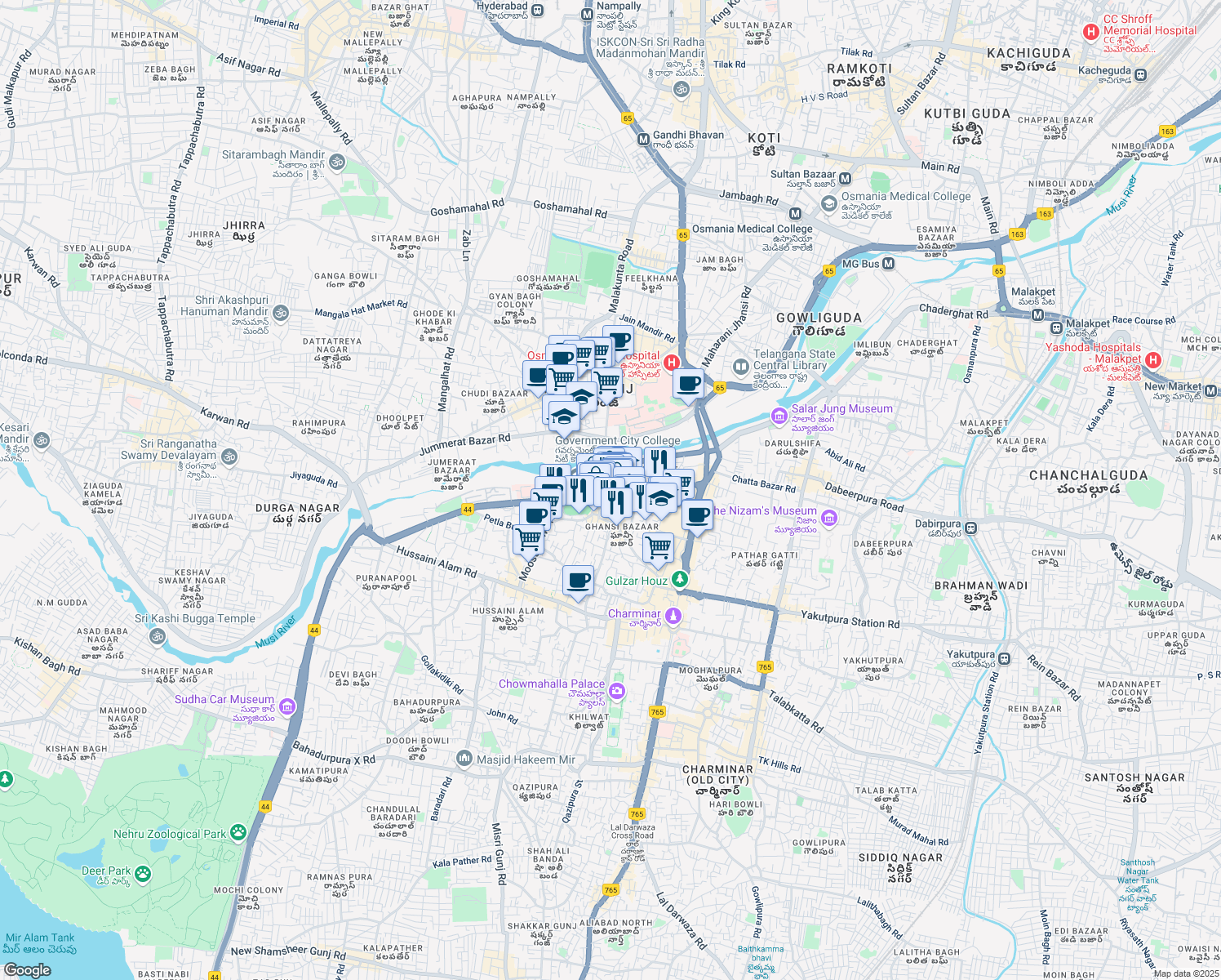 map of restaurants, bars, coffee shops, grocery stores, and more near High Court Road in Hyderabad