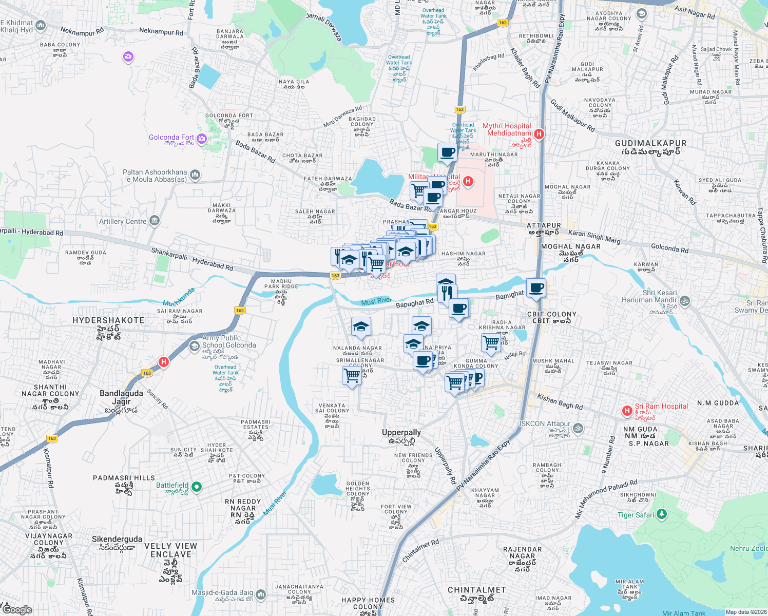 map of restaurants, bars, coffee shops, grocery stores, and more near Fort View Road in Hyderabad