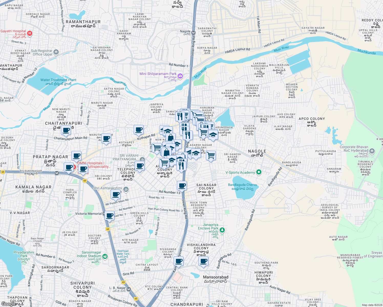 map of restaurants, bars, coffee shops, grocery stores, and more near IRR Service Road in Hyderabad