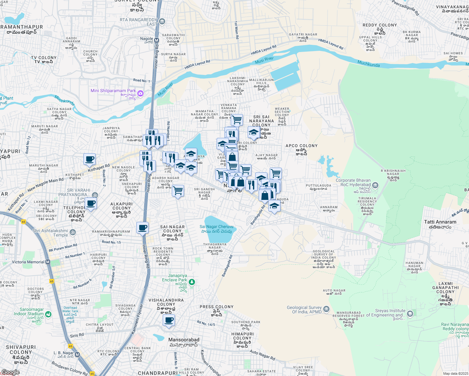 map of restaurants, bars, coffee shops, grocery stores, and more near in Hyderabad