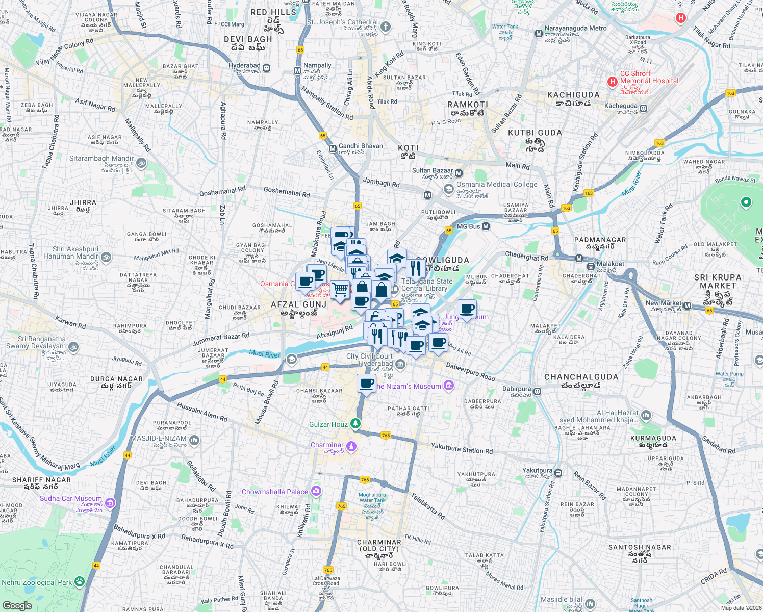 map of restaurants, bars, coffee shops, grocery stores, and more near National Highway 9 in Hyderabad