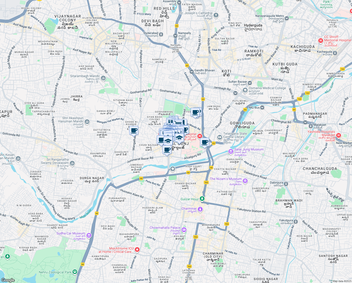map of restaurants, bars, coffee shops, grocery stores, and more near in Hyderabad
