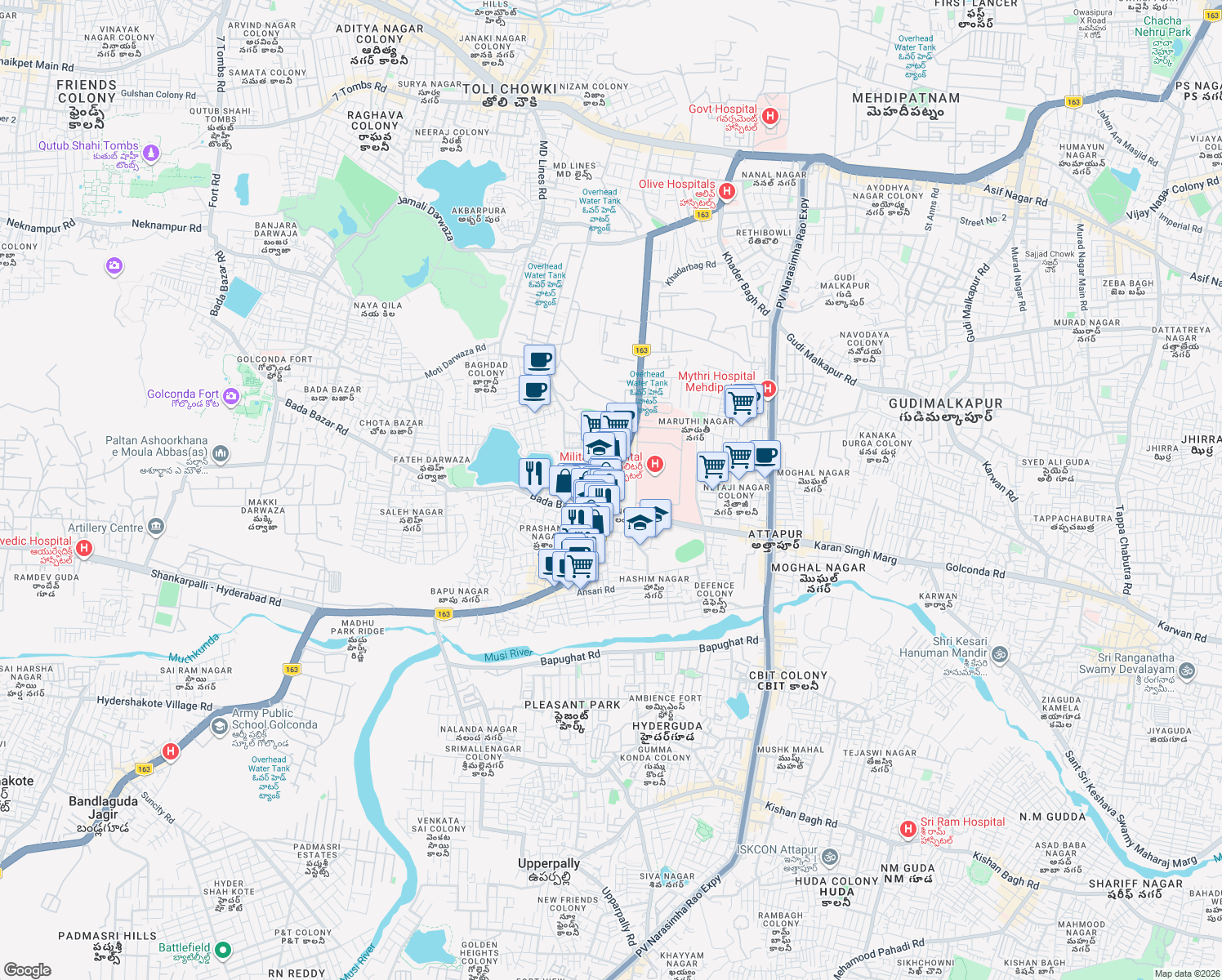 map of restaurants, bars, coffee shops, grocery stores, and more near Langar House Road in Hyderabad